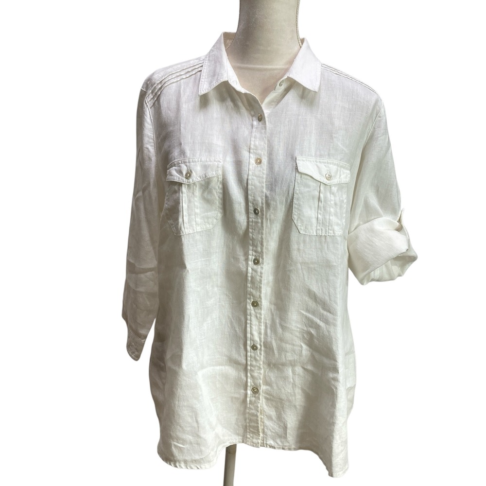 Canda Chic Linen Eu 46 US 14/16 Button Down Shirt Roll Tab Sleeve White Womens‎